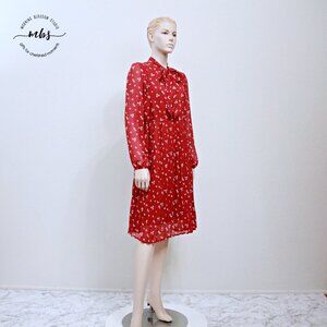 Lark + Grey Floral Long Sleeve Blouson Pleated Midi Dress in Red Women Size M